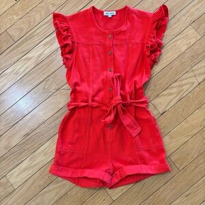 day + moon Red Button-Front Tie-Waist Ruffle Sleeve Romper